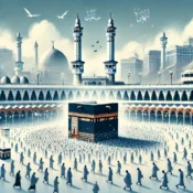 An illustration of a serene and spiritual scene capturing pilgrims performing Hajj and Umrah rituals in Mecca, with the Kaaba in the center.